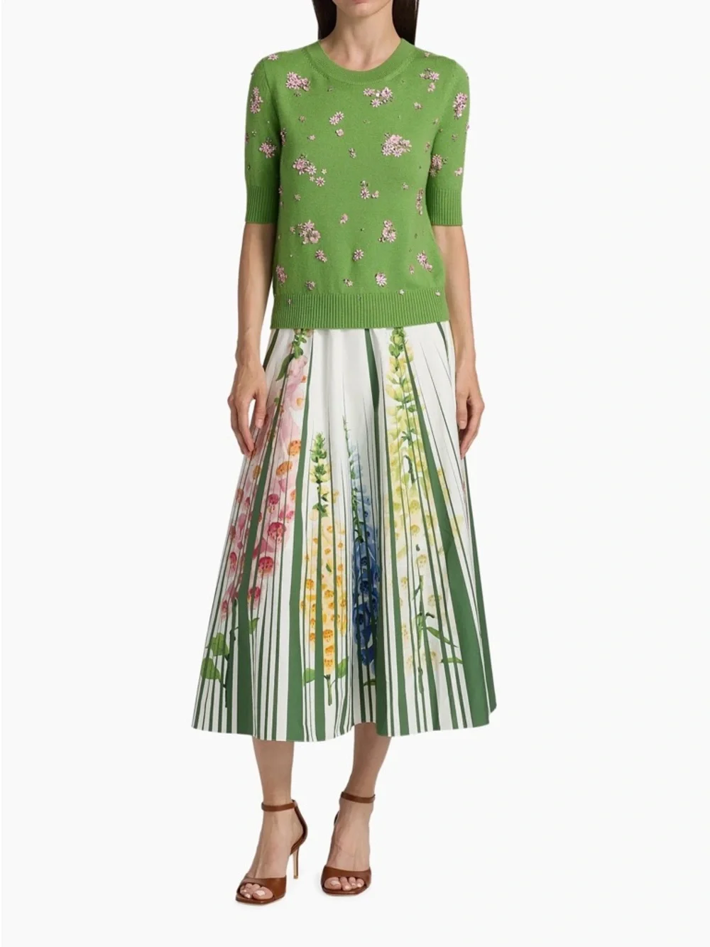 Oscar de la Renta Green Crewneck Sweater with Pink Floral Crystal Embroidery - Picture 3 of 16